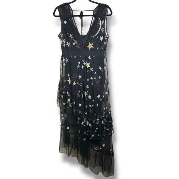 Topshop Embroidered Metallic Star Swiss Dot Plunge Neck Asymmetrical Midi Dress - Picture 3 of 10